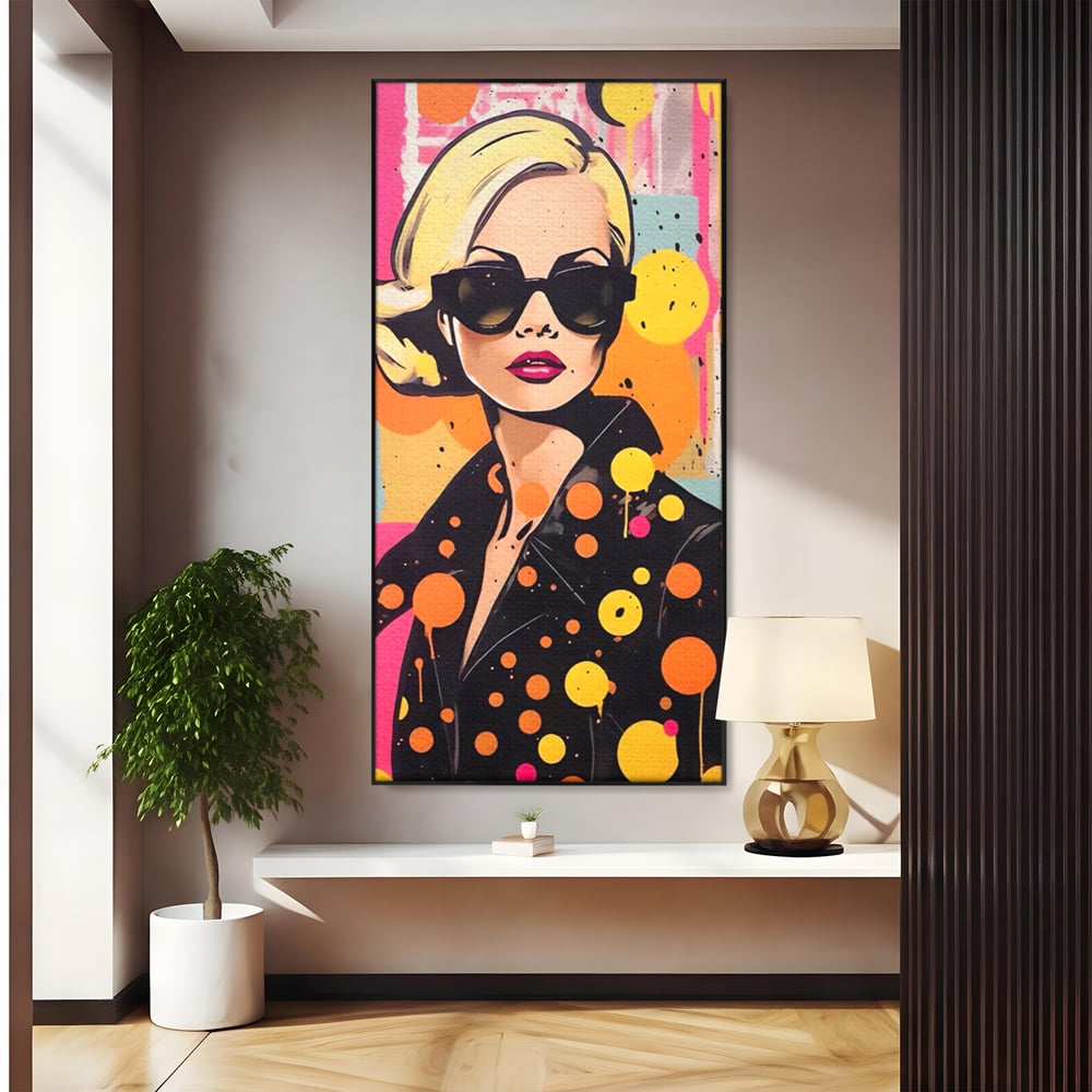 Tablou canvas cu tablou canvas portret femeie ochelari, in rama de aluminiu negru